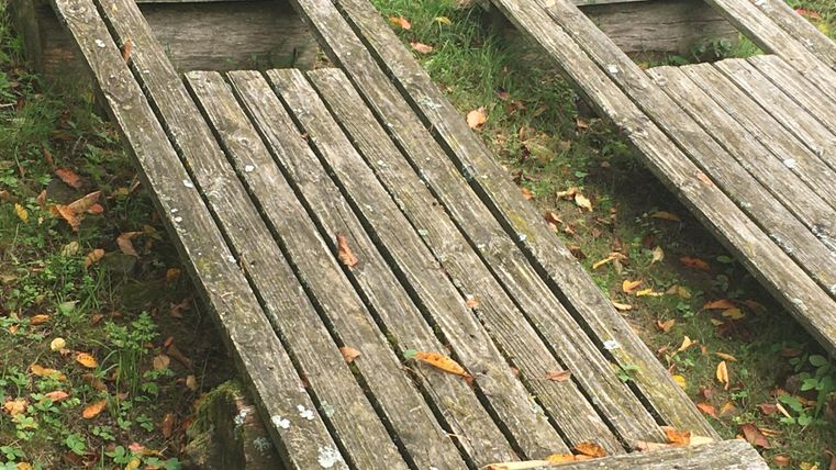 Zwei alte Holztüren auf Gras liegend, mit rechteckigen Öffnungen.