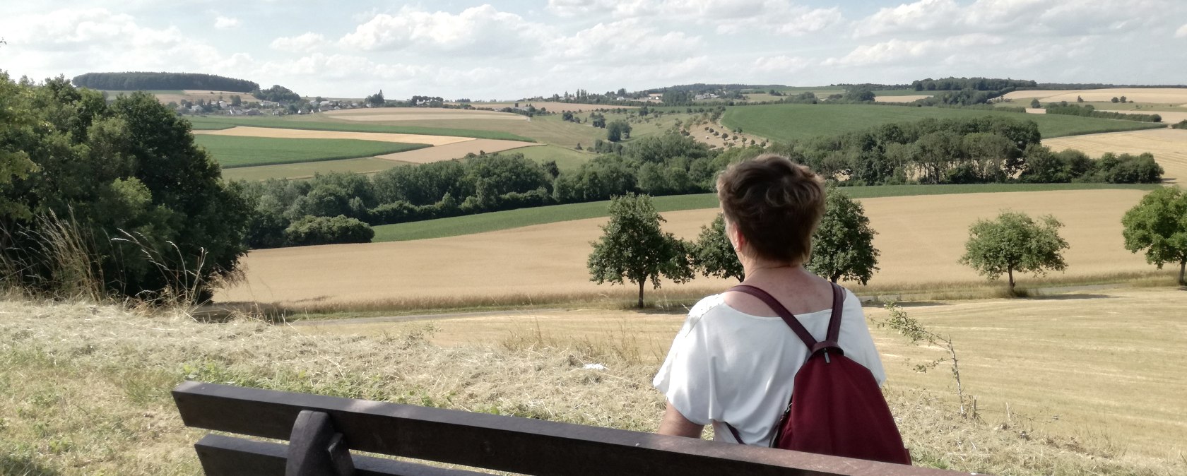 A person with a red rucksack sits on a bench and looks out over a wide landscape of fields and trees under a blue sky., © TI Bitburger Land