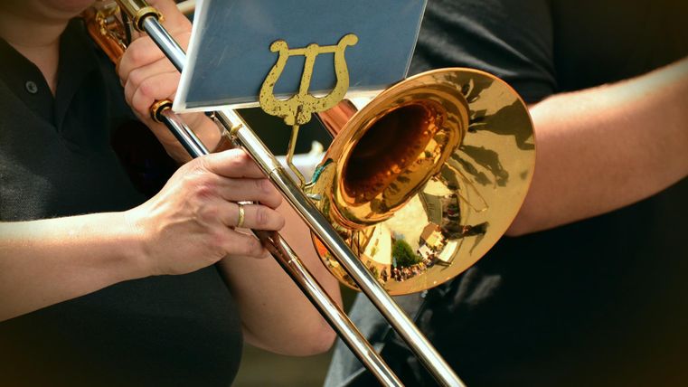 A group of musicians is playing trumpets. The instruments shine in the sunlight and showcase glossy details.