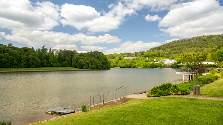 Stausee Bitburg mit grüner Umgebung und bewölktem Himmel.