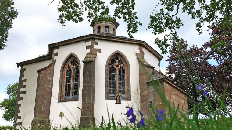 Frohnertkapelle mit gotischen Fenstern und grünem Gras im Vordergrund.
