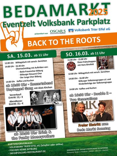 Een kleurrijke poster voor de Bedamarkt 2025, die informatie bevat over evenementen op 15 en 16 maart. Het toont verschillende programmeerpunten, waaronder muziek en culinaire aanbiedingen.