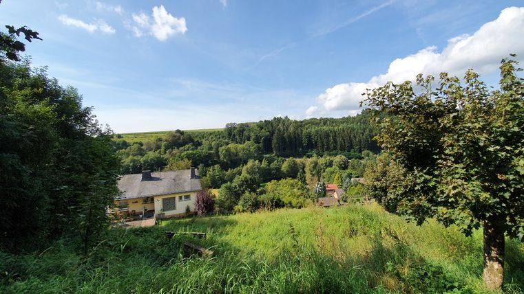 Paysage avec maison, arbres et collines sous un ciel bleu.