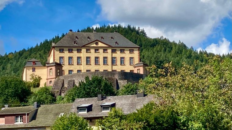 Ein beeindruckendes Schloss auf einem Hügel, umgeben von grünen Bäumen. Der Himmel ist blau mit weißen Wolken.