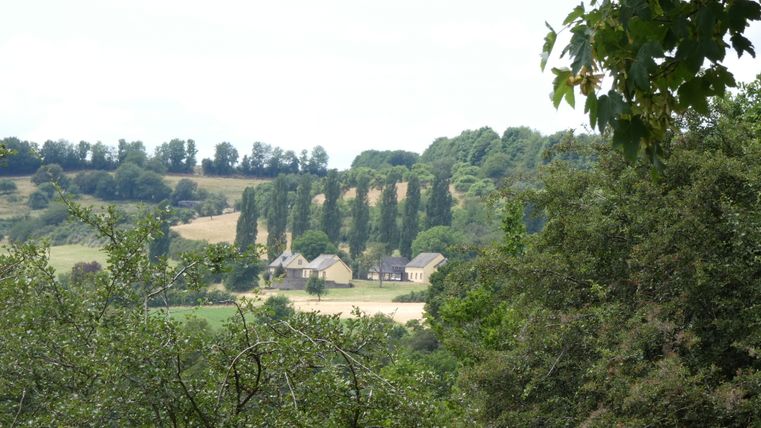 Landschaft mit Bäumen und Häusern in der Ferne.