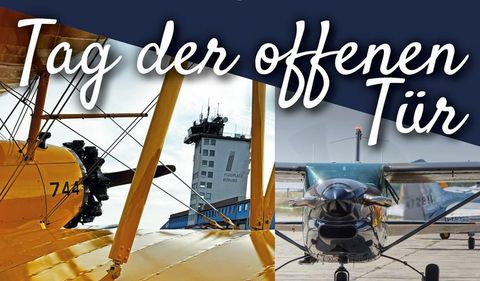 A flight day with various airplanes and the tower in the background. The text announces the "Open House Day."