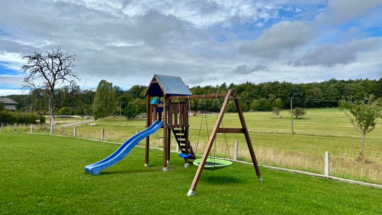 Un terrain de jeux avec un toboggan et une balançoire dans la verdure. À l'arrière-plan, des arbres et une pelouse sont visibles.