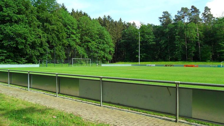 Ein Fußballfeld umgeben von Bäumen und Grünflächen. Der Platz ist gut gepflegt und liegt in einer ruhigen Umgebung.