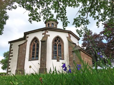 Frohnertkapelle mit gotischen Fenstern und grünem Gras im Vordergrund.