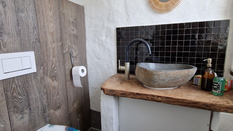 Une salle de bain moderne avec un lavabo élégant et un WC simple. Les murs sont partiellement en bois et il y a des zones carrelées en noir.