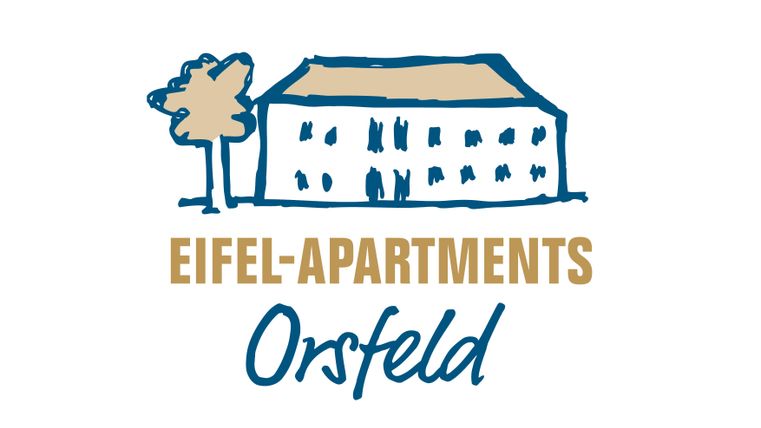 Ein einfaches Logo der Eifel-Apartments in Orsfeld. Es zeigt ein stilisiertes Gebäude mit einem Baum daneben.