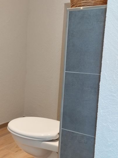 Ein modernes Badezimmer mit einem weißen Toilettenbecken und einem grauen Fliesenpaneel. Im Hintergrund ist ein Wäschekorb zu sehen.