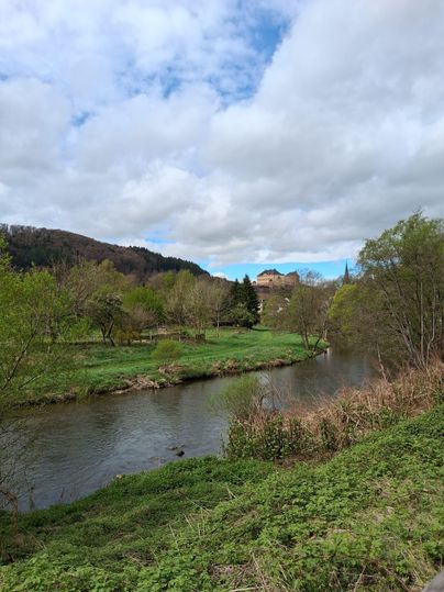 Ein ruhiger Fluss fließt durch eine grüne Landschaft mit Bäumen und Wiesen. Im Hintergrund ist ein Schloss auf einem Hügel sichtbar.