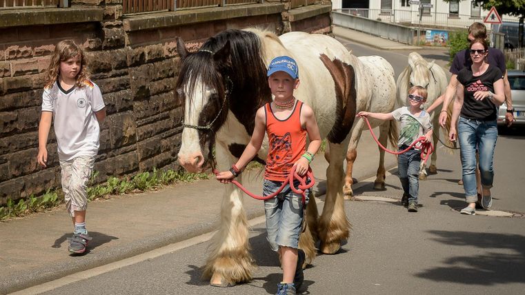 Ein Kind führt ein Pferd auf der Straße, während zwei weitere Kinder und eine Frau daneben gehen. Die Szene spielt sich an einem sonnigen Tag ab.