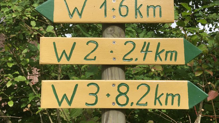 Wegweiser mit drei Wanderrouten: W1 6 km, W2 2,4 km, W3 8,2 km.