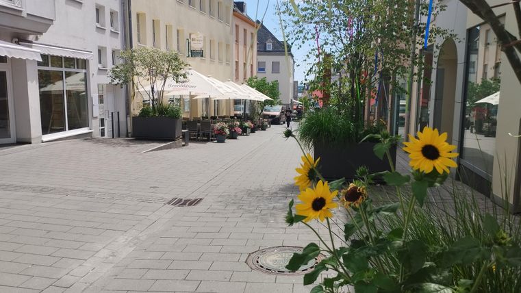 Eine ruhige Straße mit gemütlichen Cafés und Tischen im Freien. Im Vordergrund blühen Sonnenblumen.
