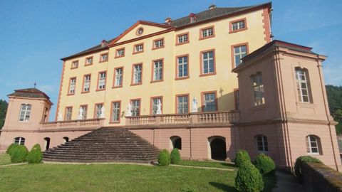 An impressive historical building with a bright facade and large windows. The entrance is surrounded by a staircase and well-maintained boxwood shrubs.