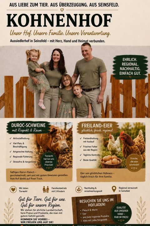 Eine Familie steht auf einem Bauernhof mit Holzmassivzäunen. Informationen über Duroc-Schweine und Freilandeier sind im Hintergrund zu sehen.