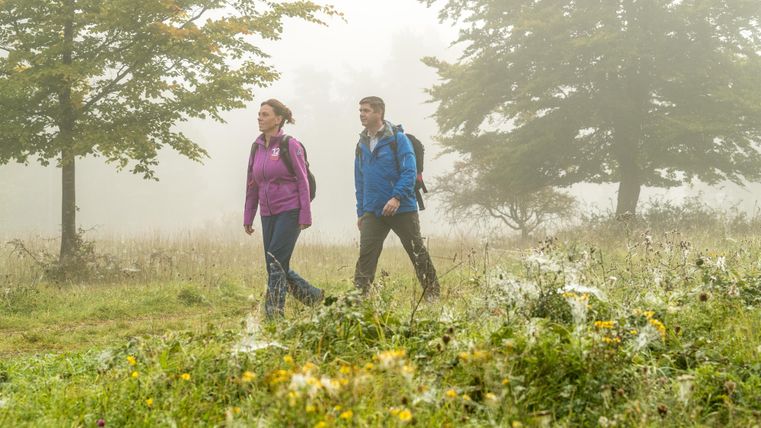 Des randonneurs marchent à travers un paysage brumeux et verdoyant. Des fleurs colorées et des arbres les entourent.