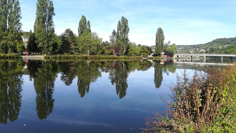 Une surface d'eau calme avec des reflets d'arbres. En arrière-plan, des ponts et un paysage verdoyant sont visibles.