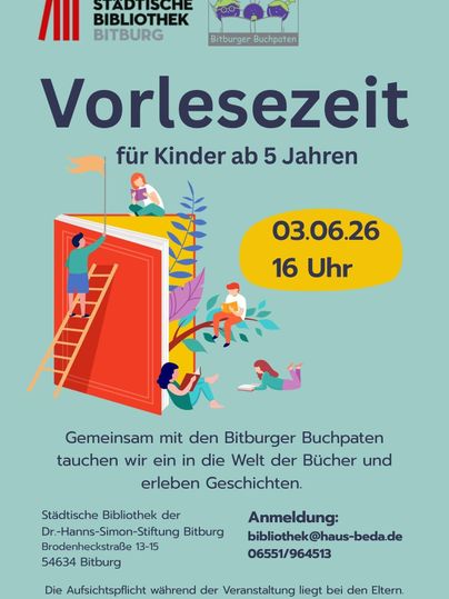 A flyer for a reading time at the Bitburg city library, specially for children aged 5 and up. The event will take place on 03.06.26 at 4 p.m. and invites you to dive into the world of books.