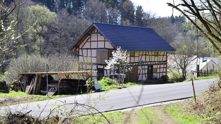 Fachwerkhaus in ländlicher Umgebung mit blühendem Baum und Holzstapel.