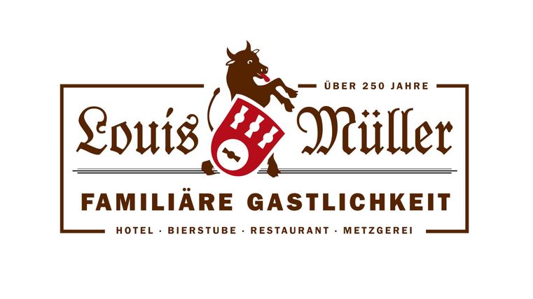 A logo from Louis Müller that emphasizes family hospitality. It showcases over 250 years of tradition in the hotel, the hall, and the butcher's shop.