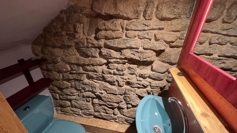 Een rustieke badkamer met stenen muur en moderne sanitaire voorzieningen. Er is een blauwe wc en een gootsteen van glanzend materiaal.