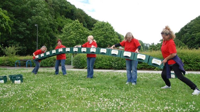 Fünf Personen in roten T-Shirts arbeiten gemeinsam mit Schubkarren auf einer grünen Wiese. Im Hintergrund sind Bäume und eine freundliche Landschaft zu sehen.