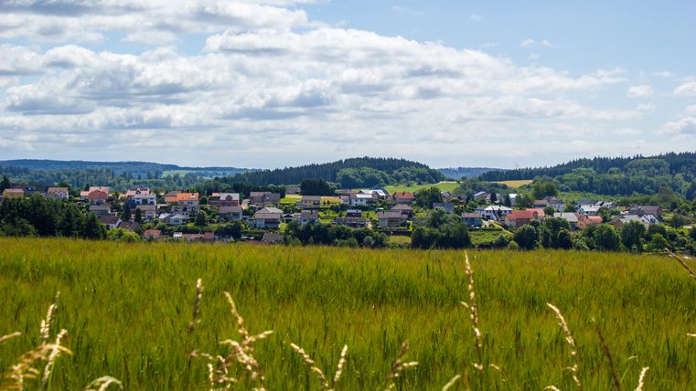 Blick auf das Dorf Neidenbach mit grünen Feldern im Vordergrund und bewaldeten Hügeln im Hintergrund.