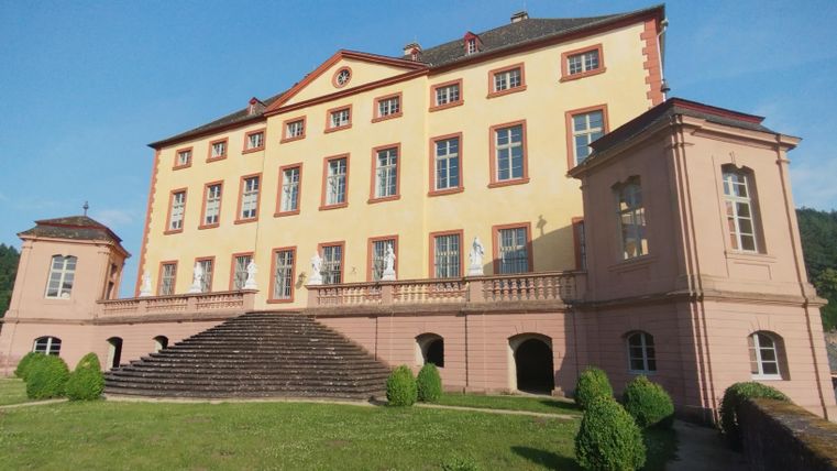 Un bâtiment historique avec une façade jaune et de grandes fenêtres. L'accès se fait par un escalier, entouré de pelouses bien entretenues.