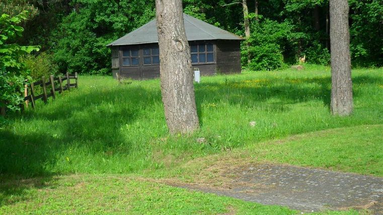 Ein einfaches Holzhaus steht umgeben von üppigem Grün und Bäumen. Der Boden ist mit Gras und einem kleinen gepflasterten Weg bedeckt.