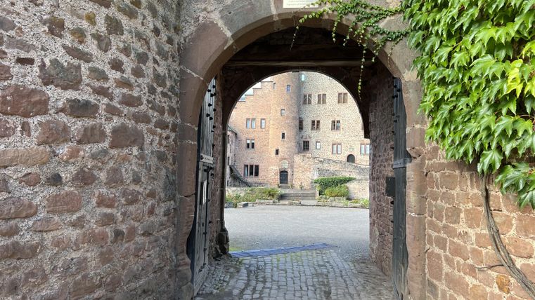 Ein historisches Tor aus Stein, durch das man in einen Innenhof blickt. Umgeben von alten Gebäuden und Pflanzen.