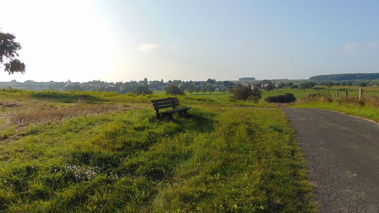Eine Bank auf einer Wiese mit Blick auf ein Dorf in der Ferne.