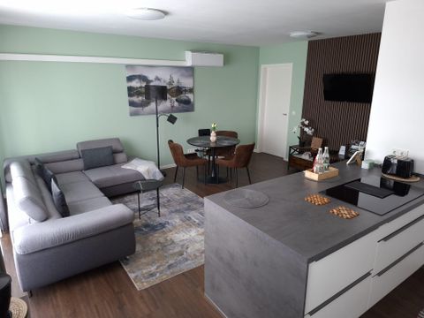 Eine moderne Wohnung mit einem grauen Sofa und einem Essbereich.