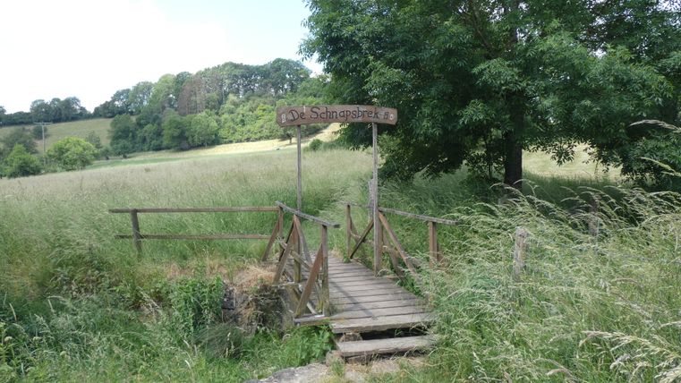 A small wooden bridge with the sign 'De Schnapsbrek' in a green landscape.