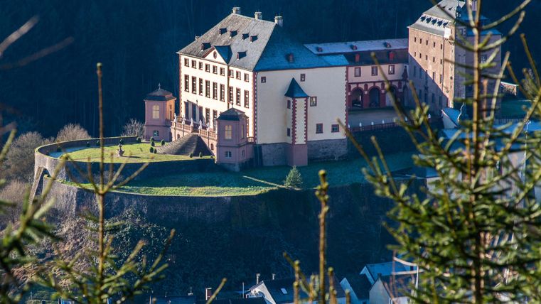 An impressive castle on a hill, surrounded by trees. The clear sky highlights the architecture of the building.