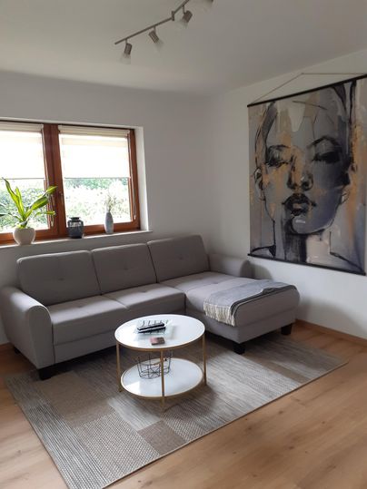 Een modern ingerichte woonkamer met een grijze bank en een ronde tafel. Aan de muur hangt een kunstwerk met een portret.