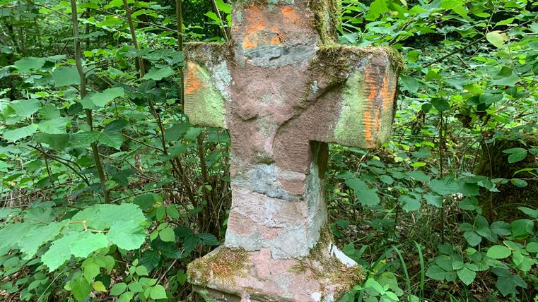 A weathered stone wayside cross in the forest, covered in moss and surrounded by dense foliage.