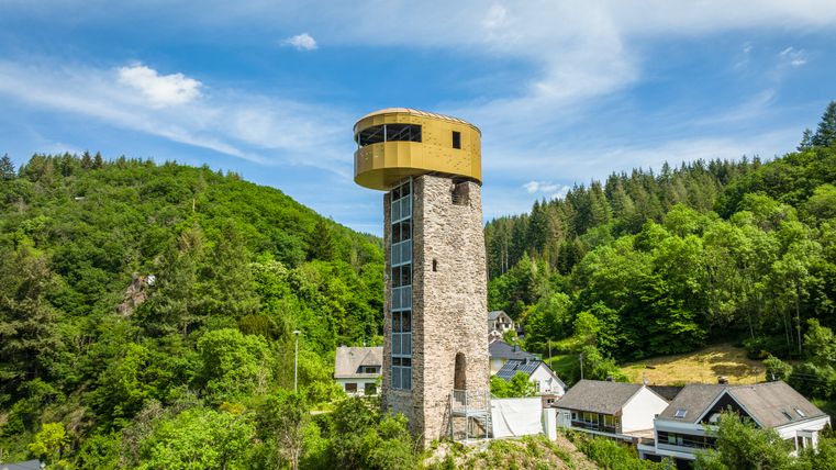 Ein hoher Turm mit modernem Aufbau auf einem Hügel, umgeben von Wald und Häusern.
