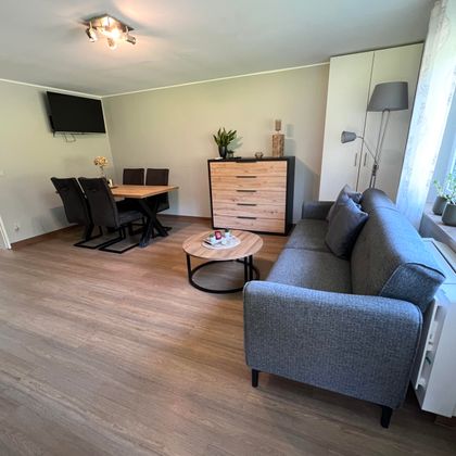 Ein modernes Wohnzimmer mit einem grauen Sofa, einem runden Tisch und einem Esstisch. Die Wände sind hell, und es gibt Pflanzen und einen Fernseher im Raum.