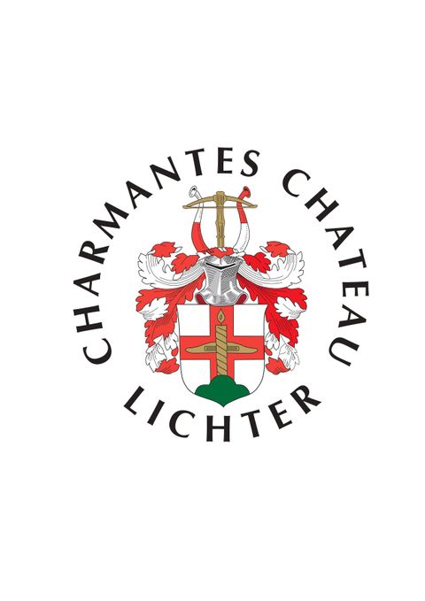 A coat of arms with red and white elements that surrounds the name "Charming Château Lichter." It depicts a castle or family crest.