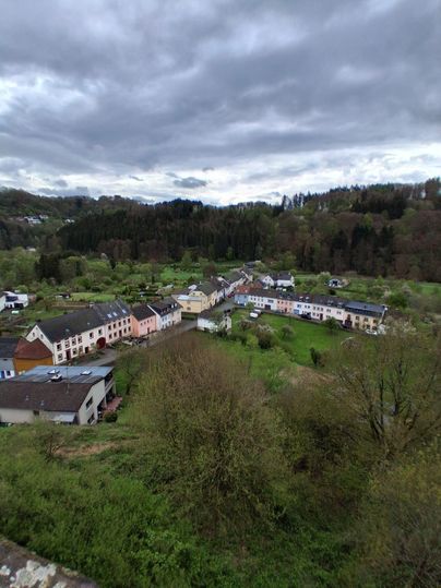 Eine ruhige Landschaft mit einem kleinen Dorf, umgeben von grünen Feldern und Bäumen. Der Himmel ist bewölkt und sorgt für eine stimmungsvolle Atmosphäre.