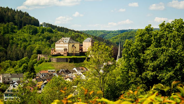 Blick auf Schloss Malberg inmitten grüner Landschaft und Dorf im Vordergrund.