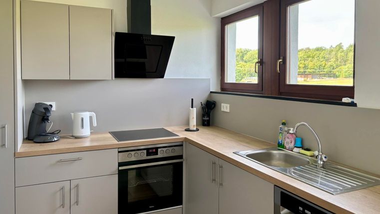 Une cuisine moderne avec un plan de travail en bois et des appareils en acier inoxydable. À côté de la fenêtre, une vue agréable sur la nature.