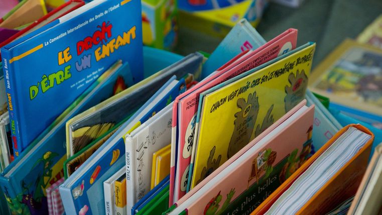 Eine Auswahl bunter Kinderbücher in verschiedenen Größen. Die Buchcover sind farbenfroh und ansprechend gestaltet.
