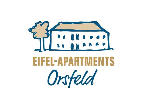 Un logo simple des Eifel-Apartments à Orsfeld. Il montre un bâtiment stylisé avec un arbre à côté.