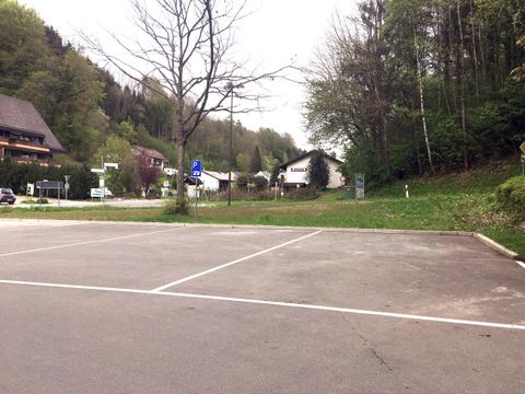 An empty parking lot with marked parking spaces. In the background, there are trees and some houses visible.