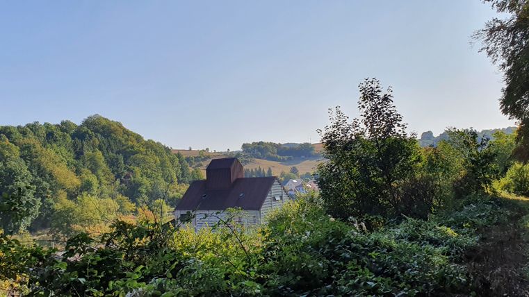 Landschaft mit alter Mühle und Bäumen im Vordergrund.