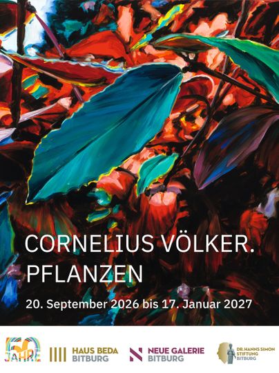 Ein farbenfrohes Kunstwerk mit Pflanzenmotiven in kräftigen Farben. Die Ausstellung „Cornelius Völker. Pflanzen“ findet vom 20. September 2026 bis zum 17. Januar 2027 statt.